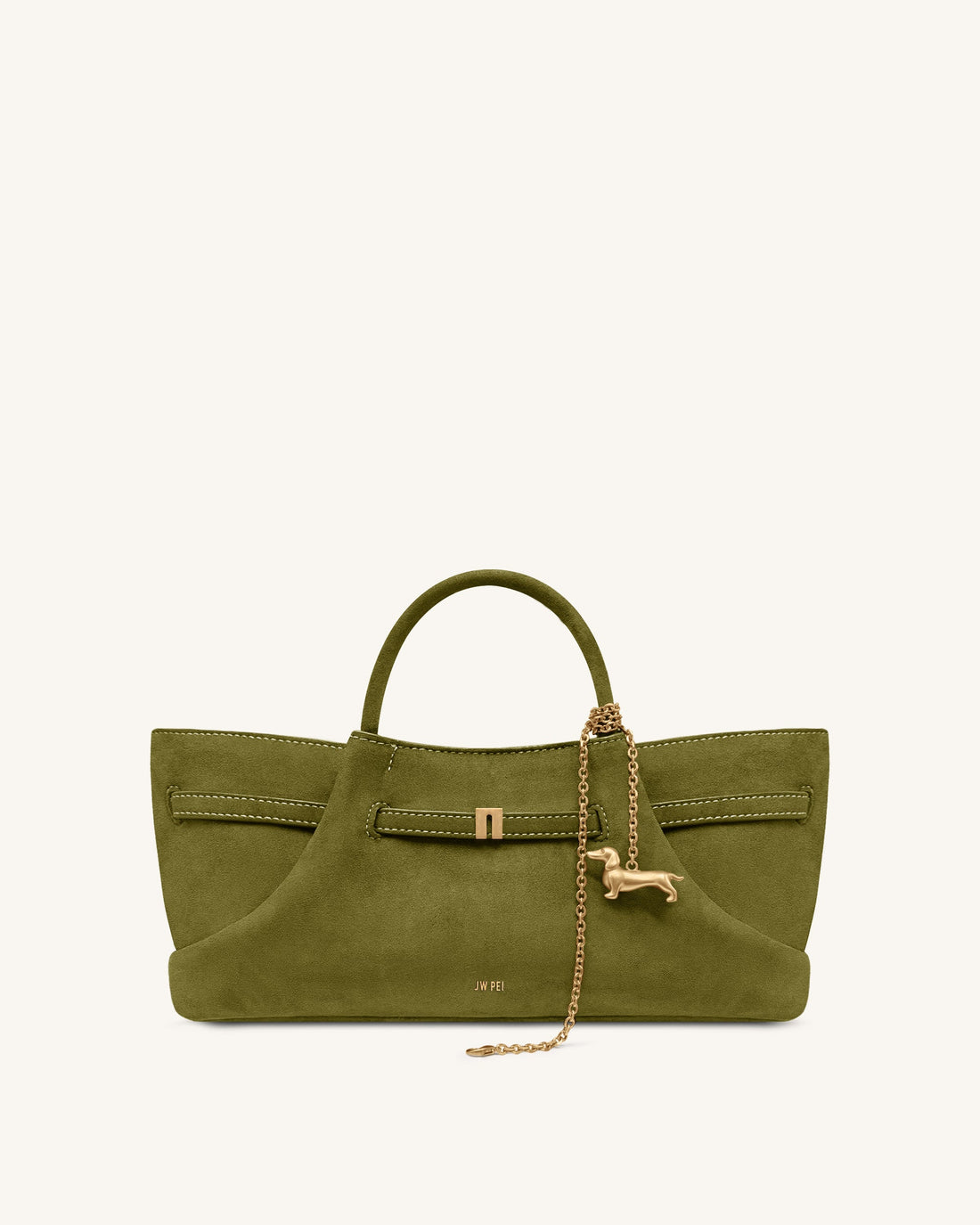 Maeve Dachshund Metal Charm Faux Suede Tote Bag - Olive Green