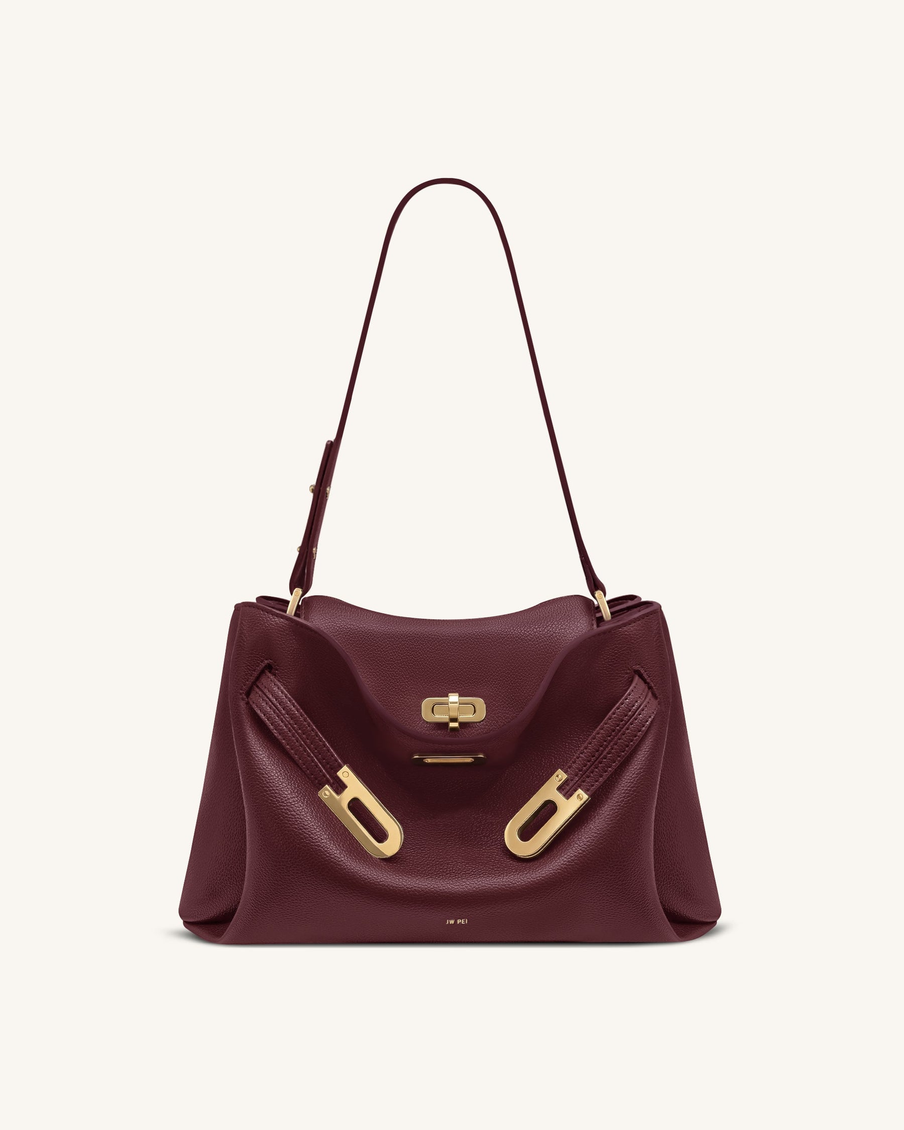 Rhea Pebbled Double Buckle Shoulder Bag - Dark Burgundy