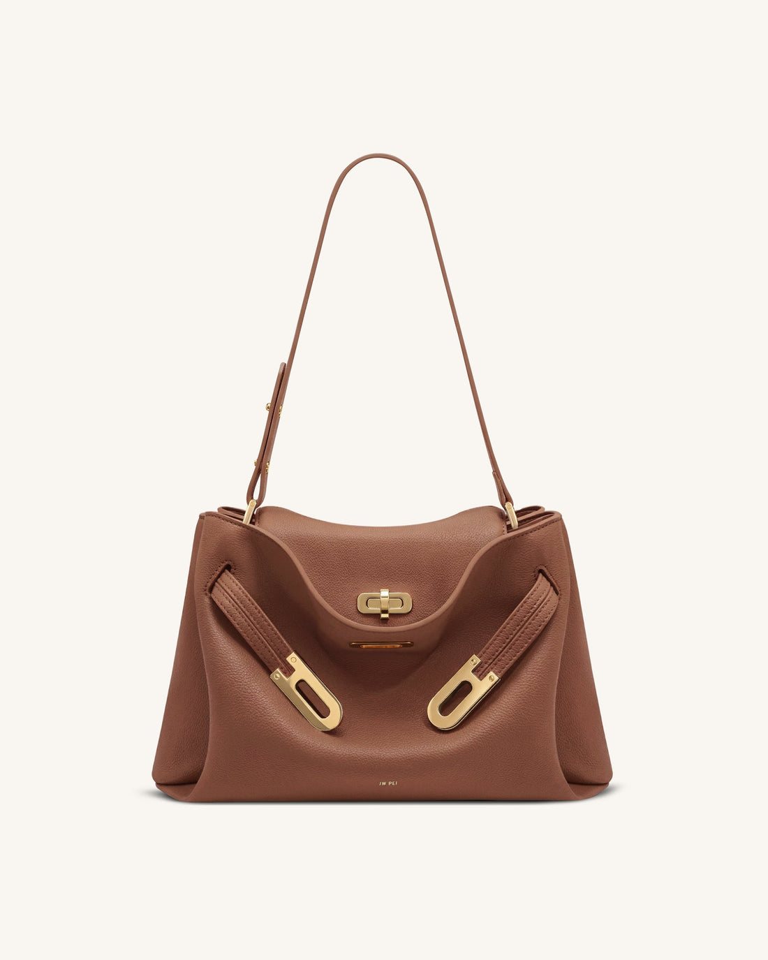 Rhea Pebbled Double Buckle Shoulder Bag - Earth Brown
