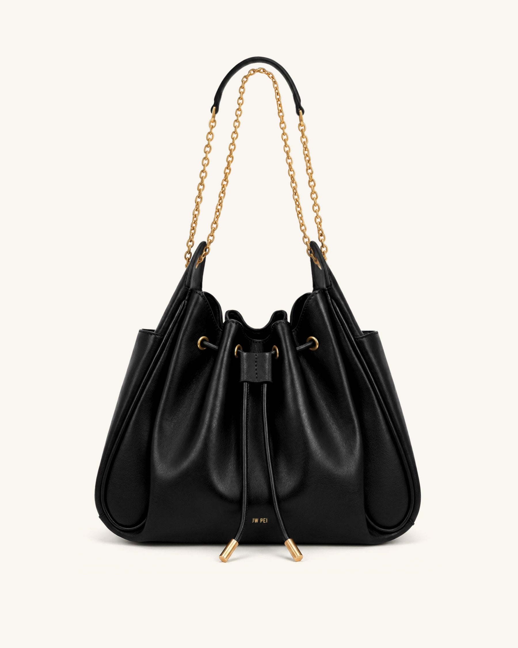 Rowan Ruched Drawstring Chain Bucket Bag - Black