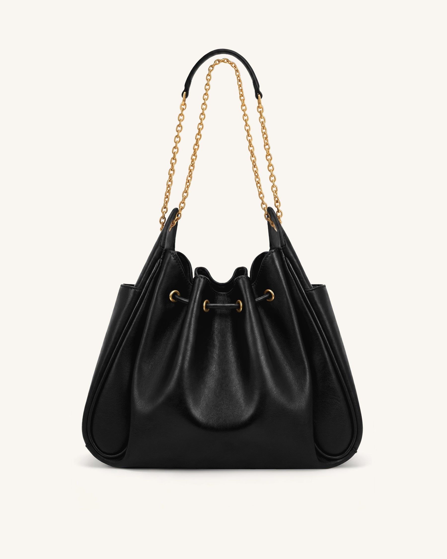 Rowan Ruched Drawstring Chain Bucket Bag - Black