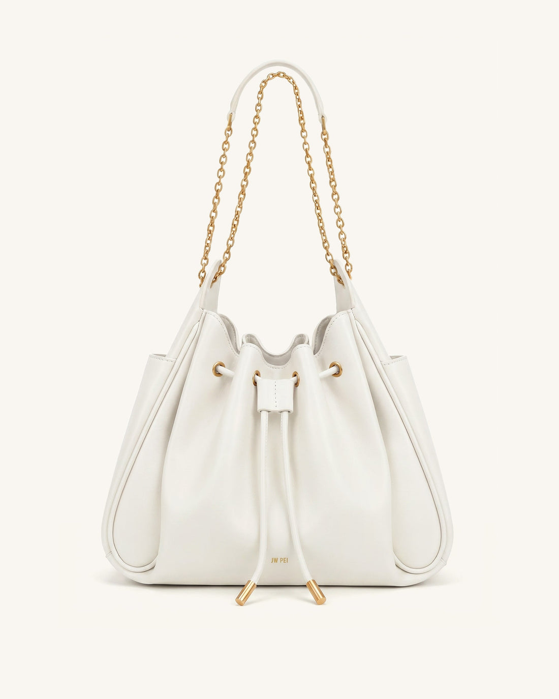 Rowan Ruched Drawstring Chain Bucket Bag - Ivory
