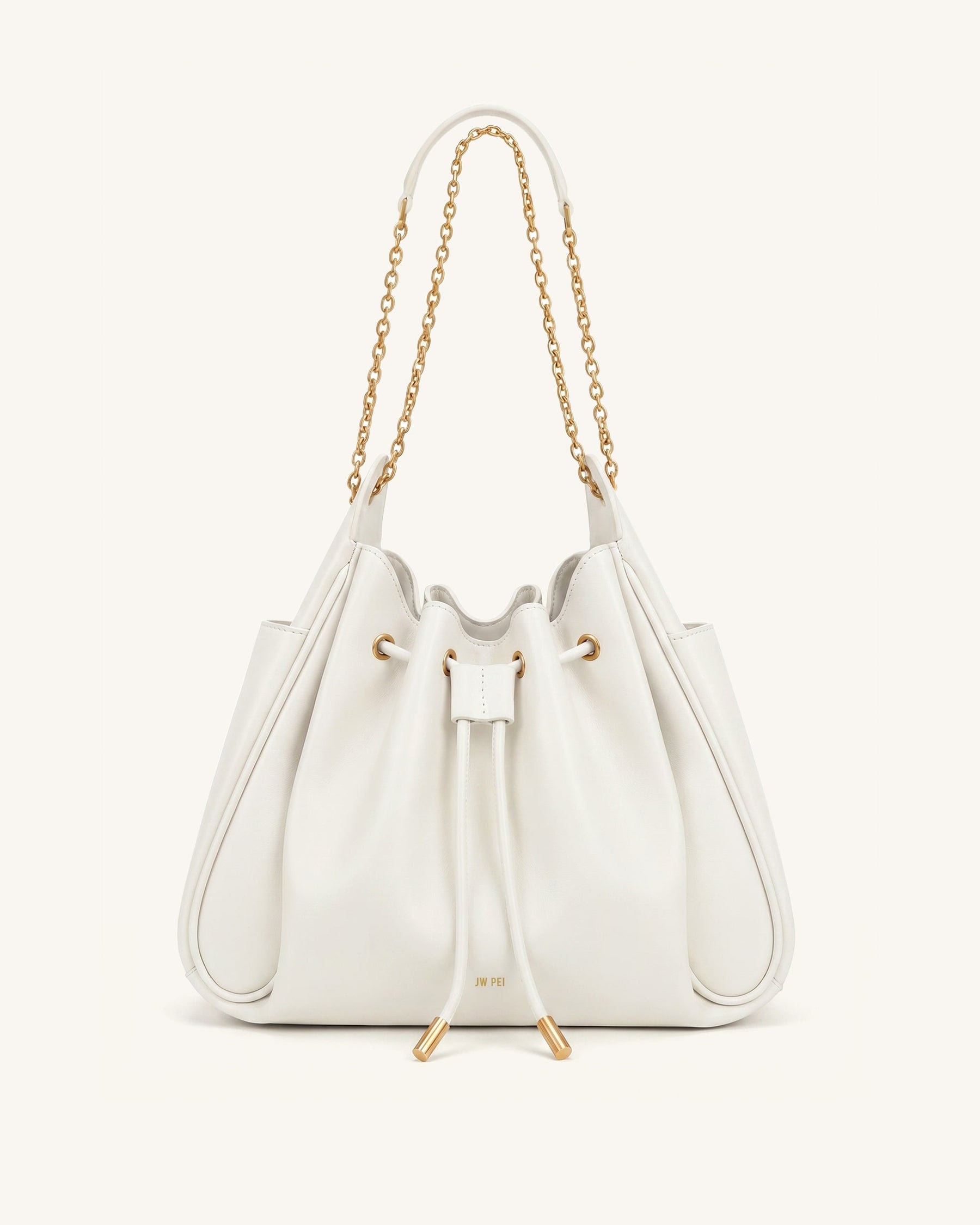 Rowan Ruched Drawstring Chain Bucket Bag - Ivory