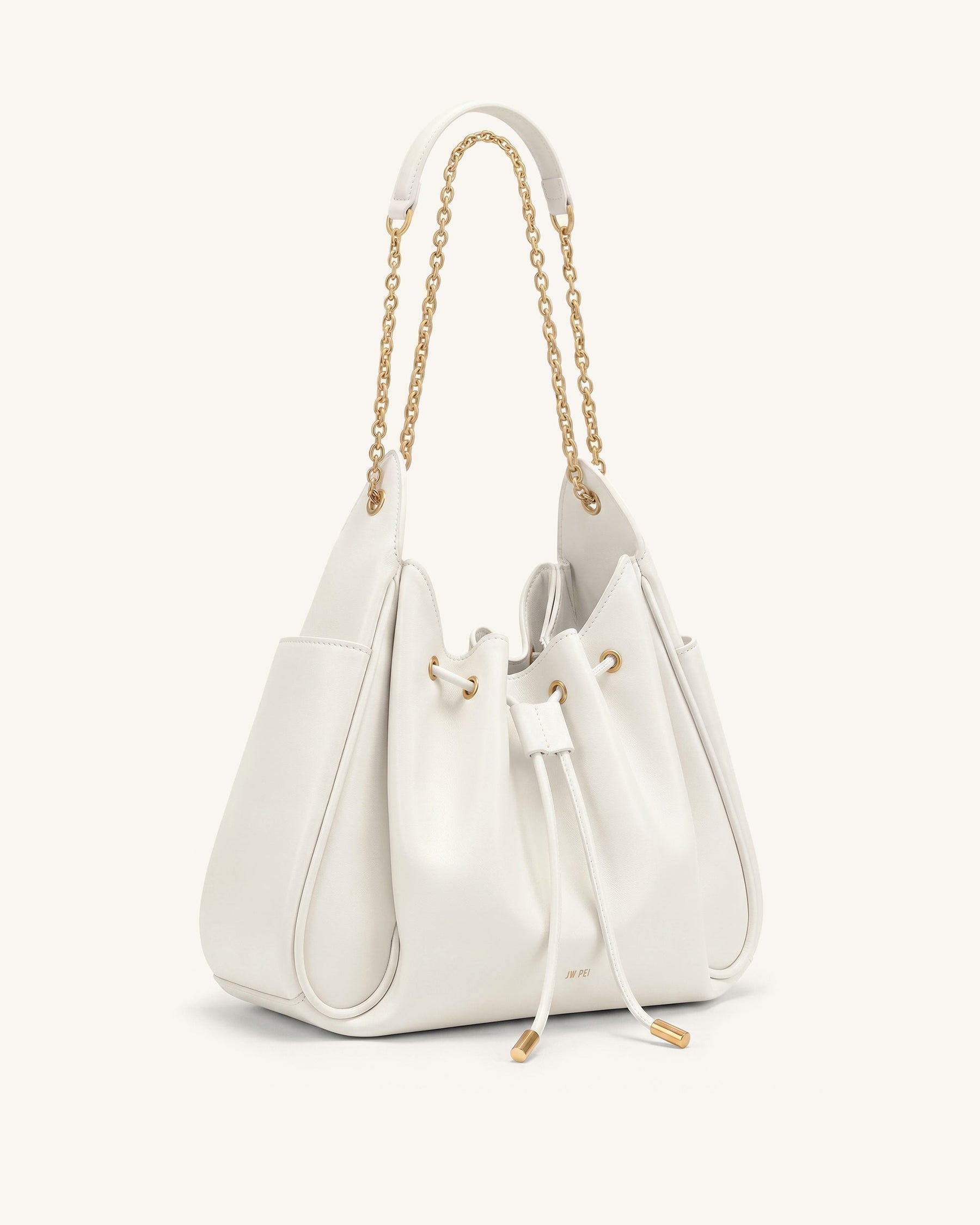 Rowan Ruched Drawstring Chain Bucket Bag - Ivory