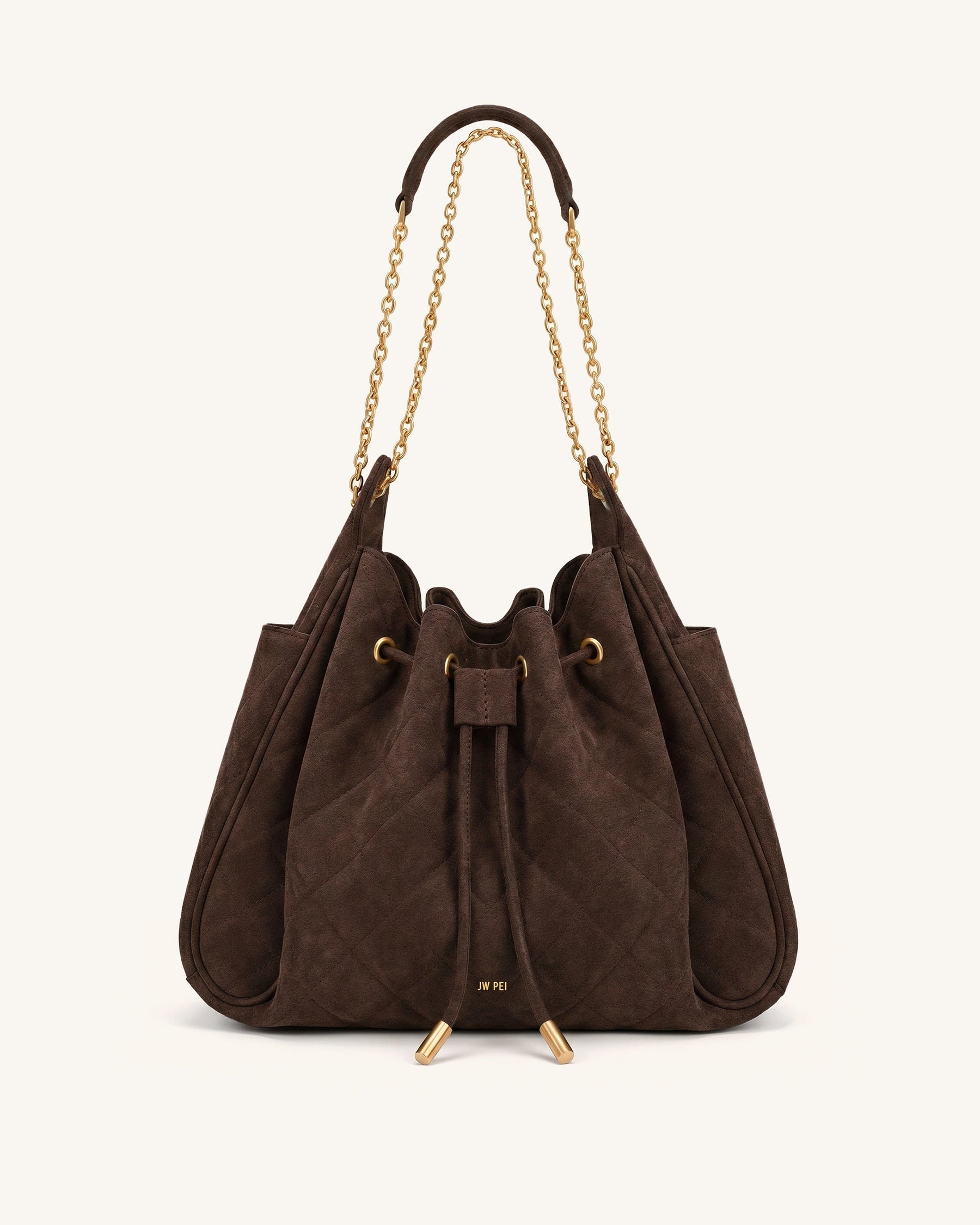 Rowan Faux Suede Quilted Chain Bucket Bag - Dark Brown