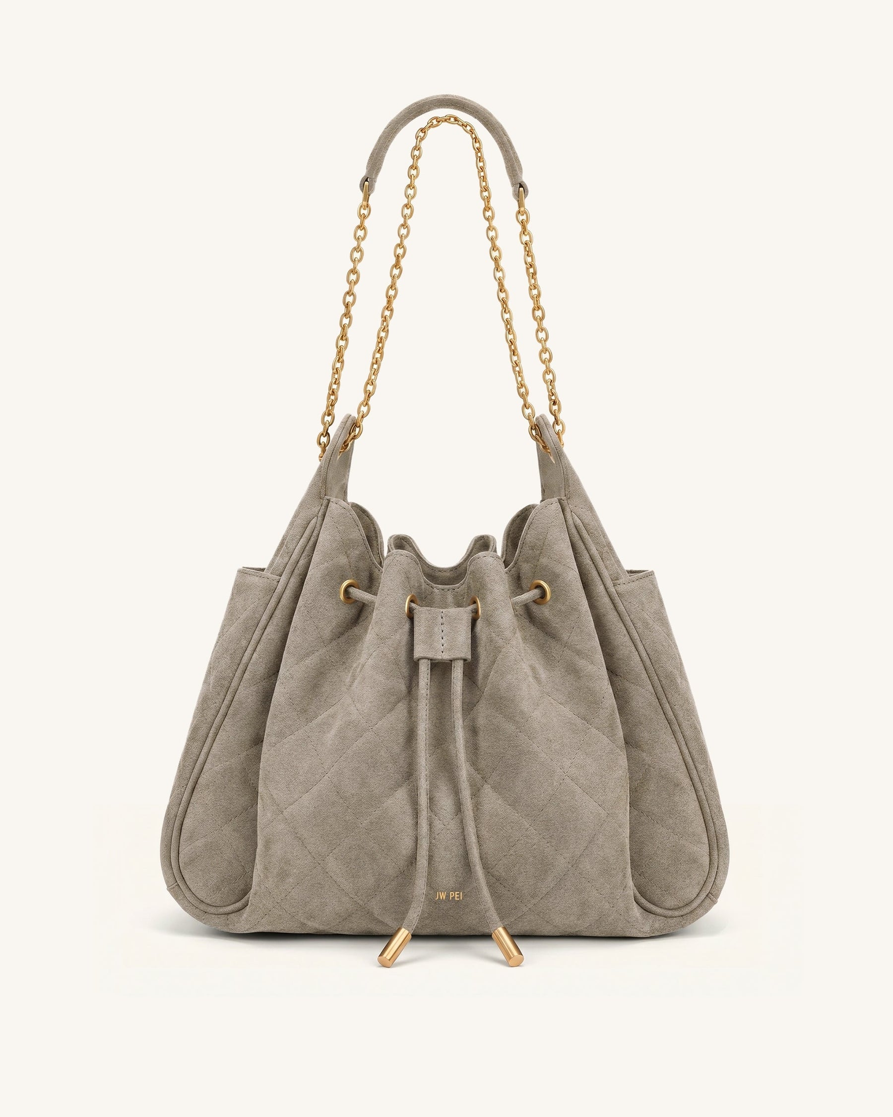 Rowan Faux Suede Quilted Chain Bucket Bag - Gray