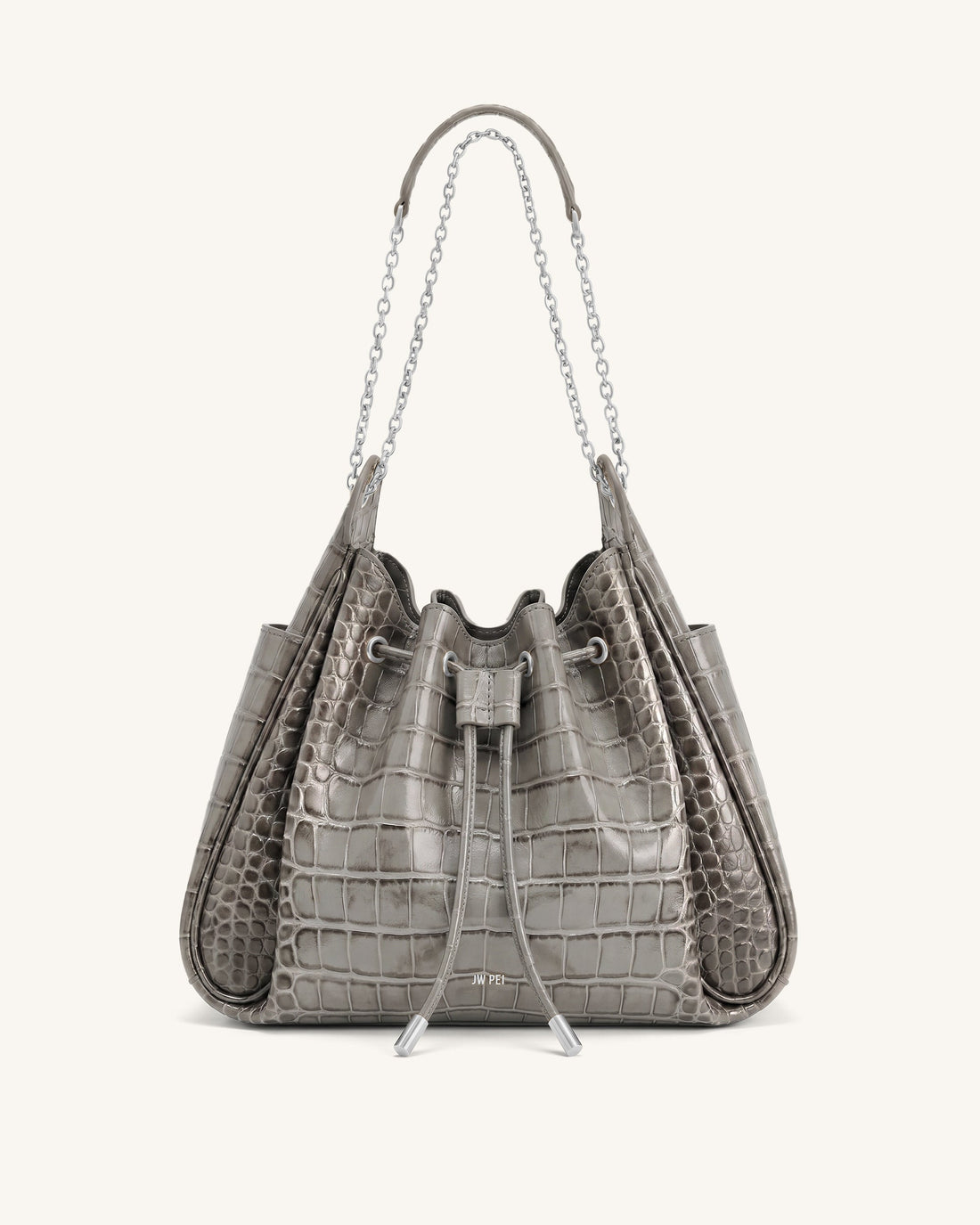 Rowan Ruched Drawstring Chain Bucket Bag - Grey Croc