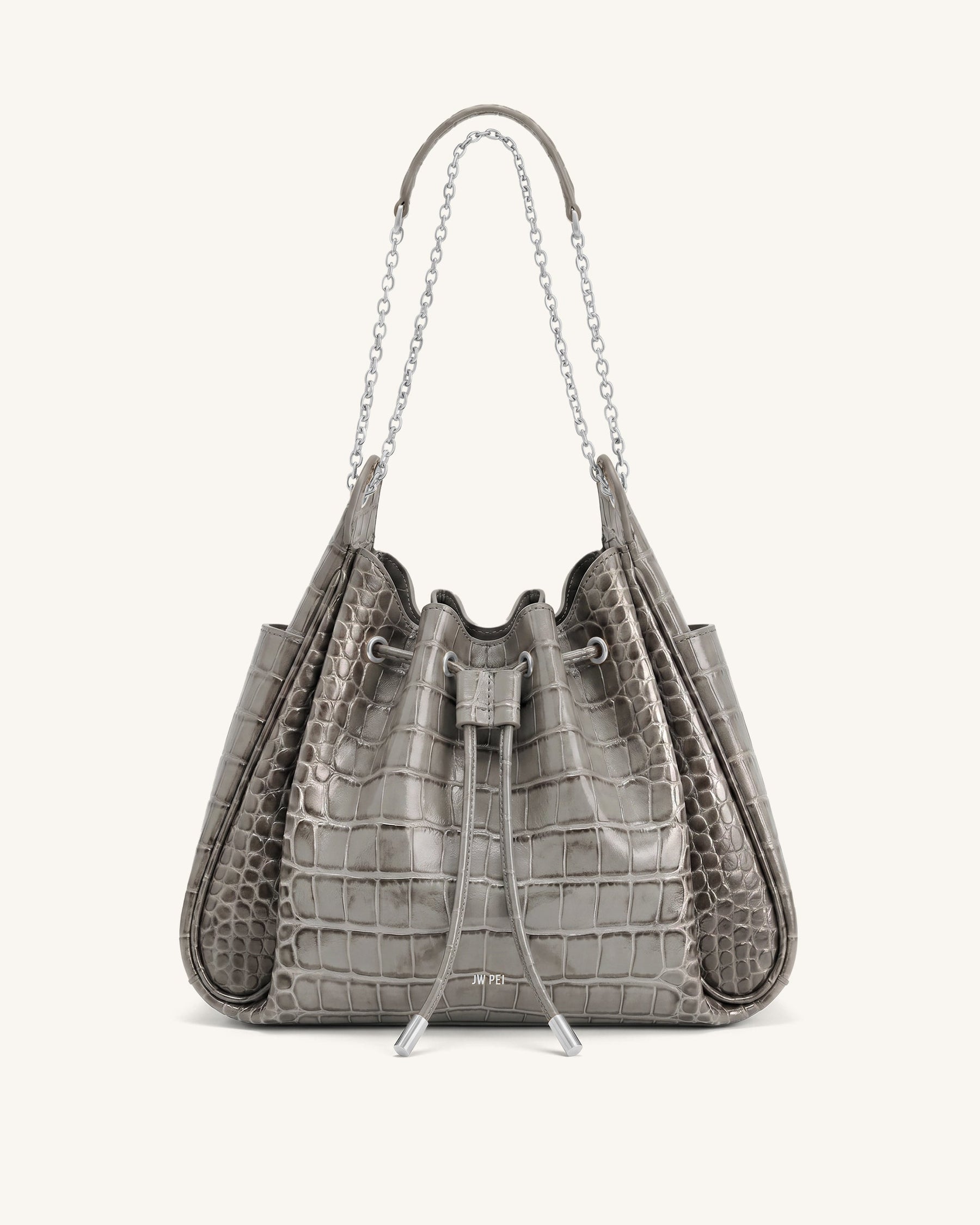 Rowan Ruched Drawstring Chain Bucket Bag - Grey Croc