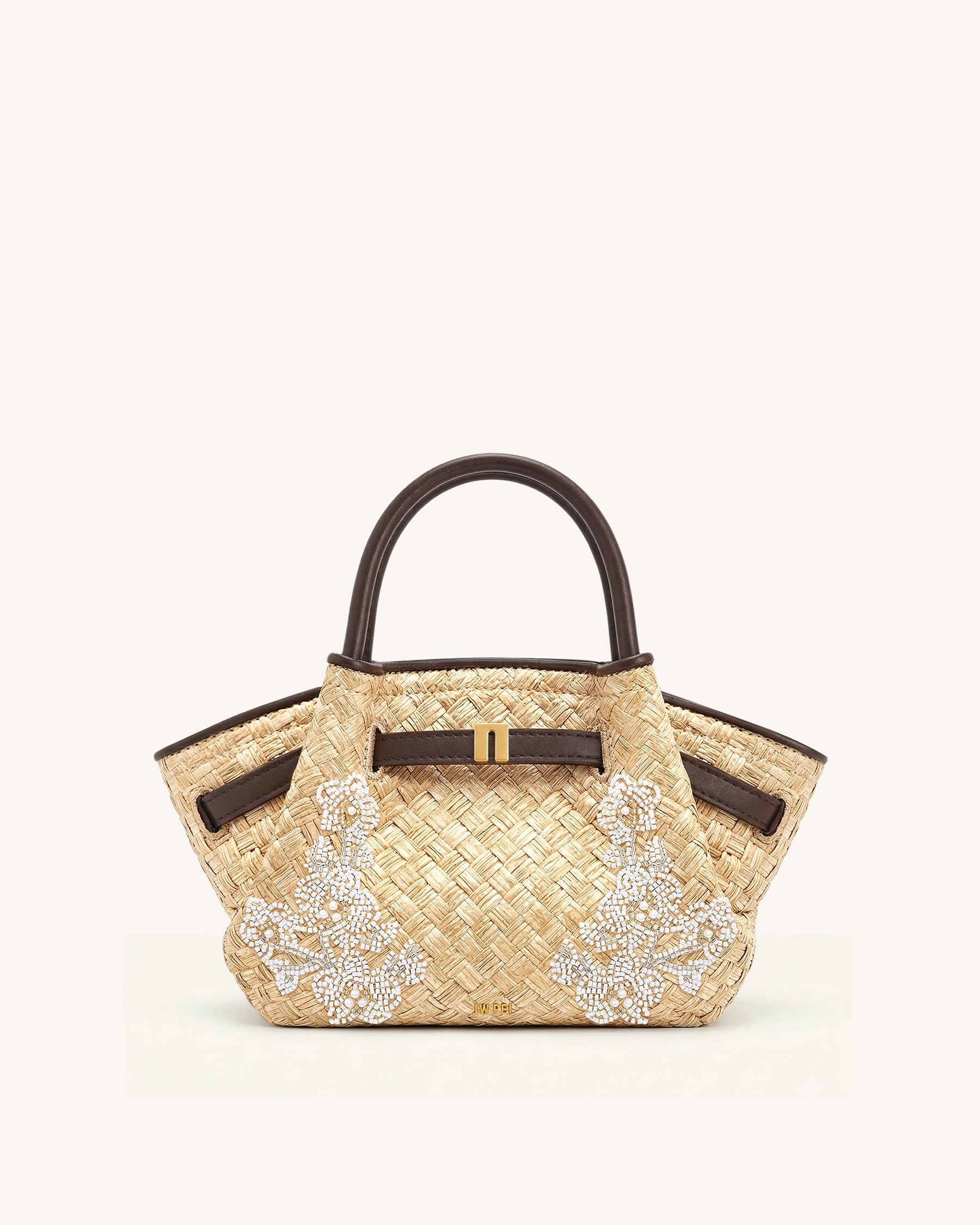 Hana Mini Faux Straw Beading Tote Bag - Brown