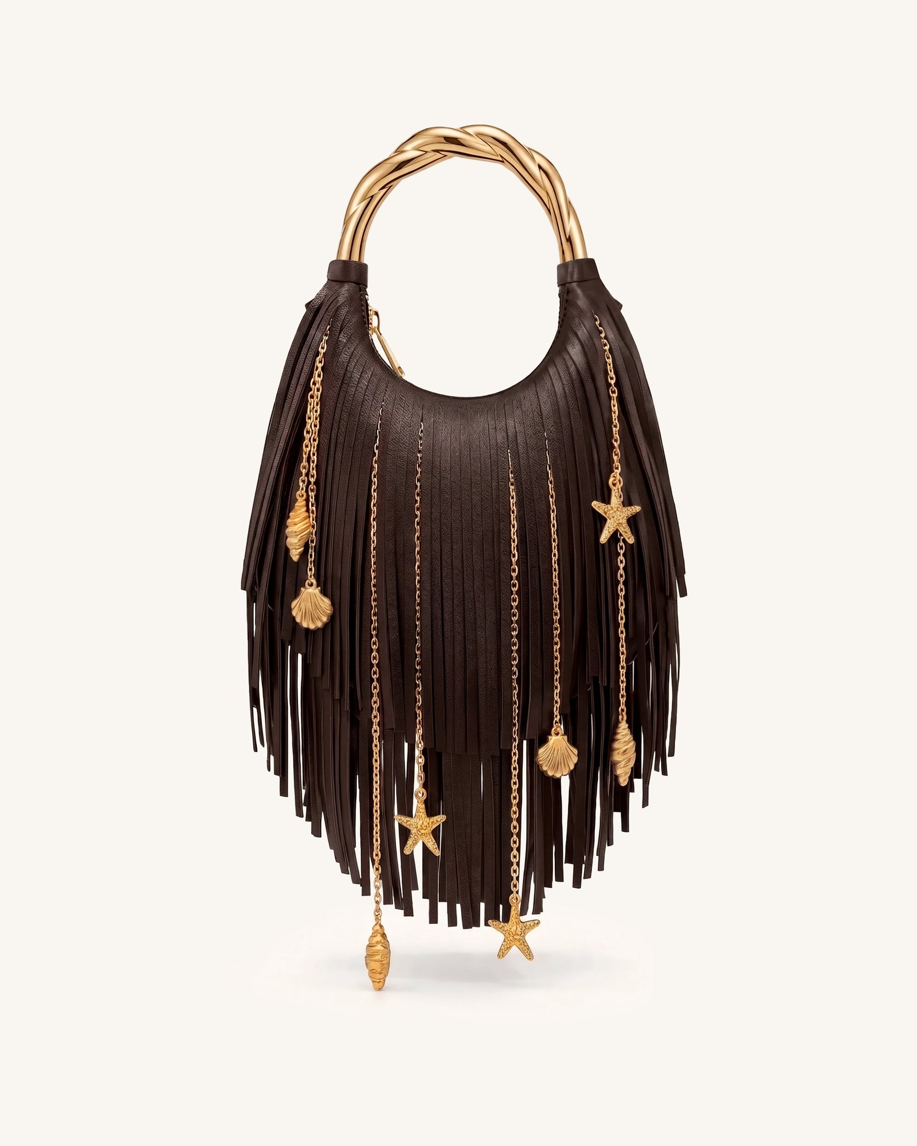 Chloe Metal Handle Fringe Top Handbag - Dark Brown