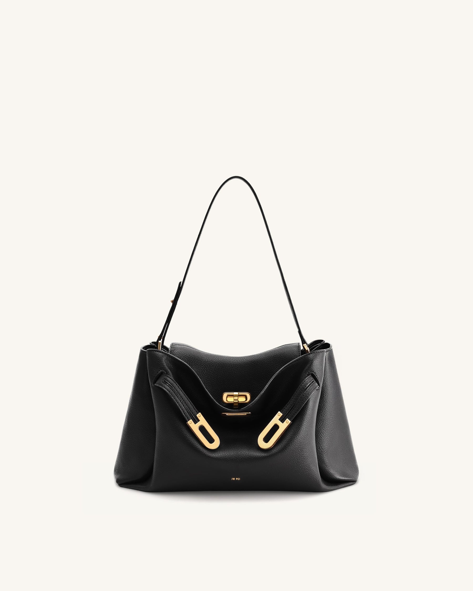 Rhea Pebbled Double Buckle Shoulder Bag - Black