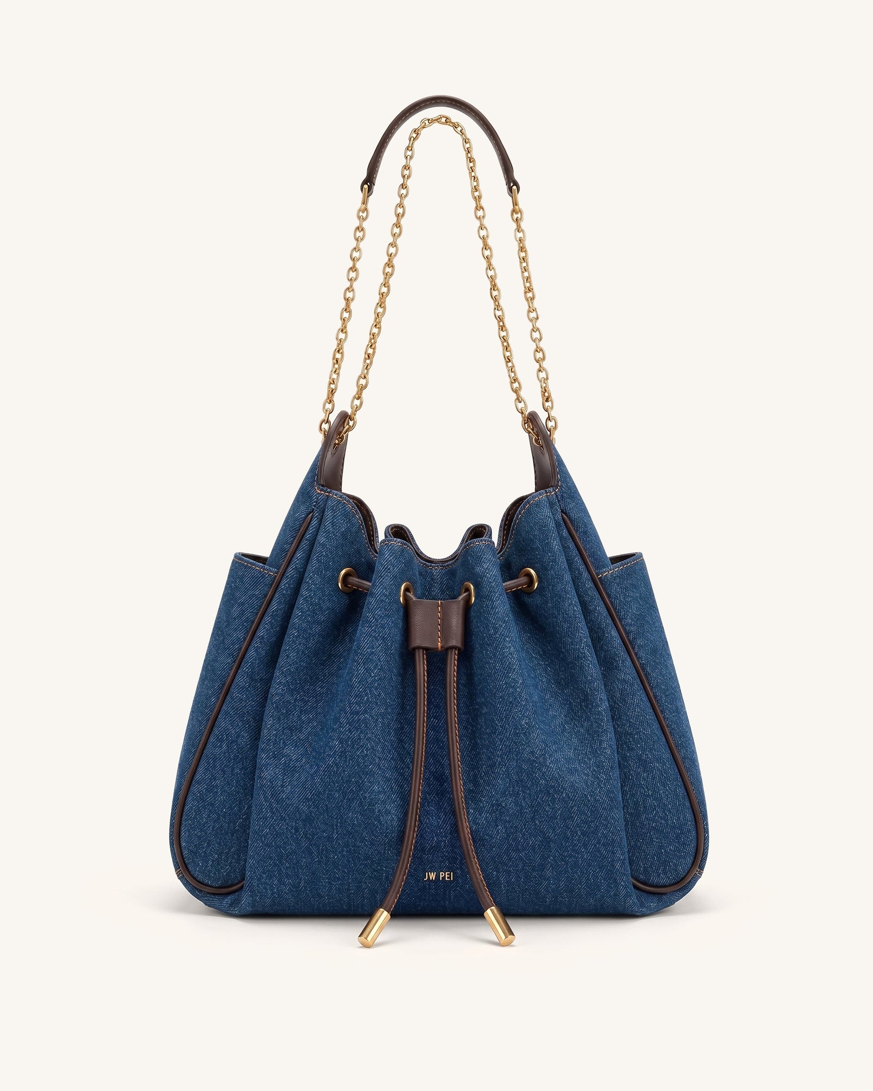 Rowan Ruched Drawstring Chain Bucket Bag - Dark Blue Denim