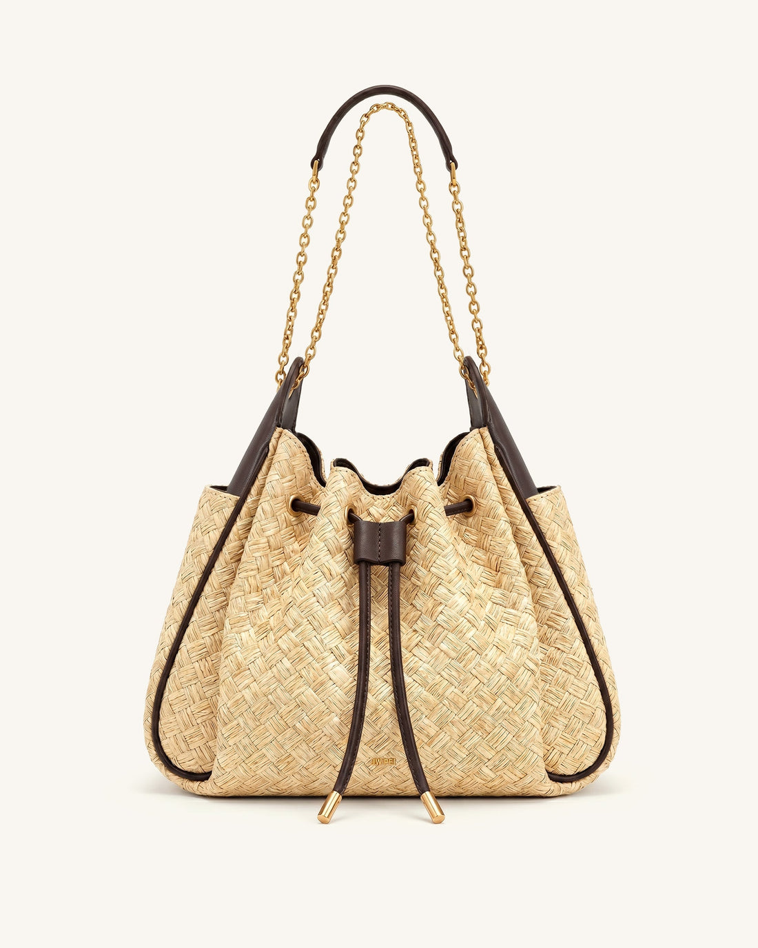 Rowan Faux Straw Ruched Drawstring Chain Bucket Bag - Brown