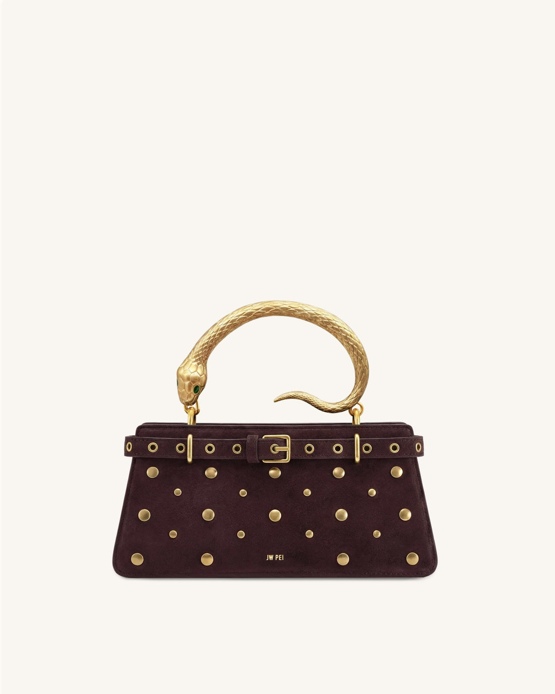 Elena Snake Handle Studded Faux-Suede Top Handle Bag - Brown