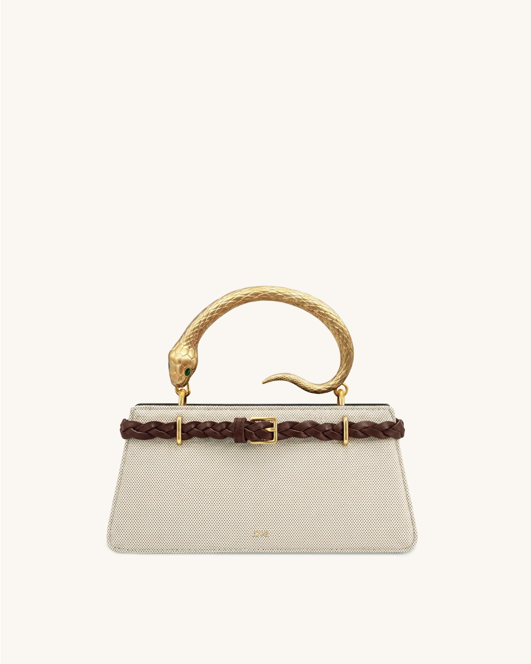 Elena Snake Handle Braided-Belt Top Handle Bag - Brown Canvas