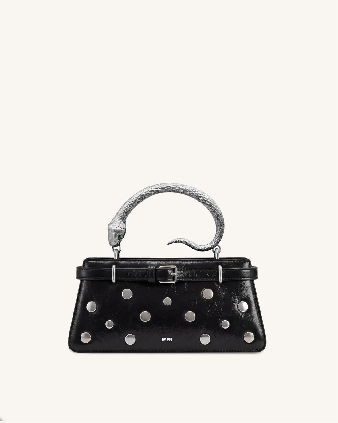 Elena Snake Handle Studded Top Handle Bag - Black