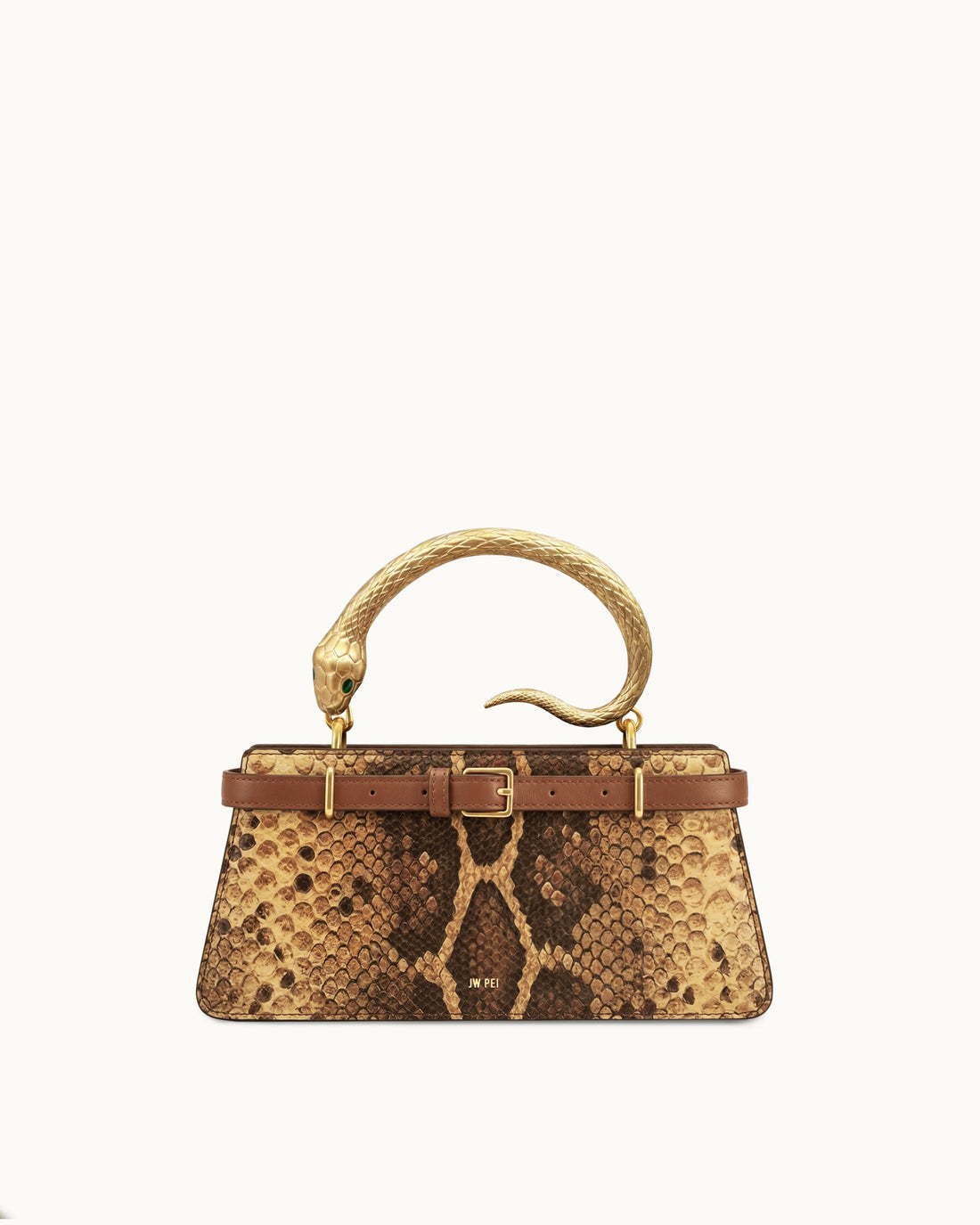 Elena Snake Handle Faux Snake Pattern Top Handle Bag - Brown