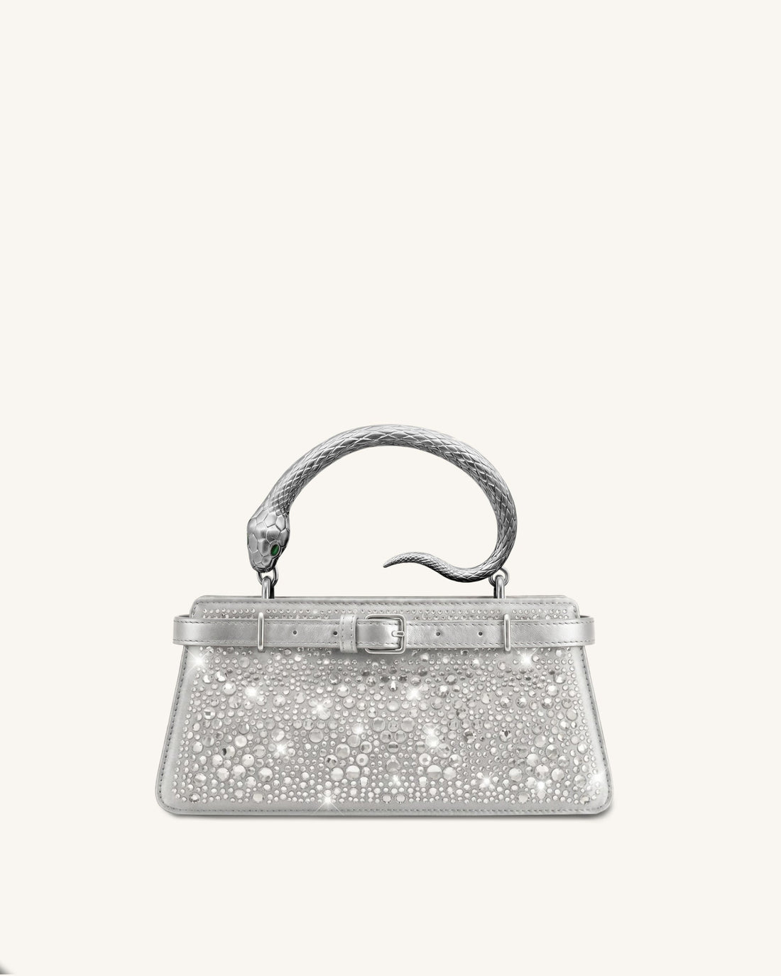 Elena Snake Handle Artificial Crystal Top Handle Bag - Silver