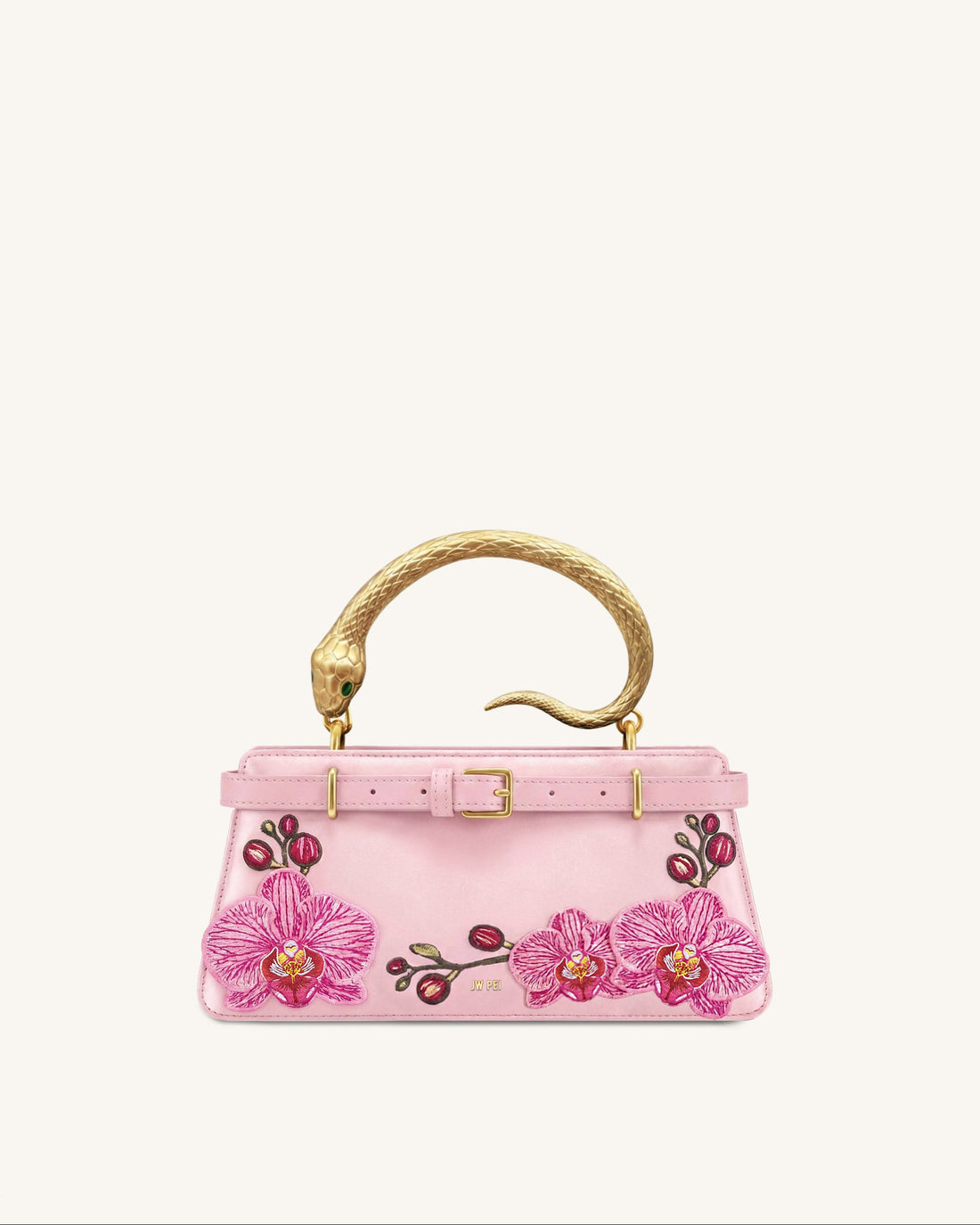Elena Snake Handle Orchid Embroidered Top Handle Bag - Pink