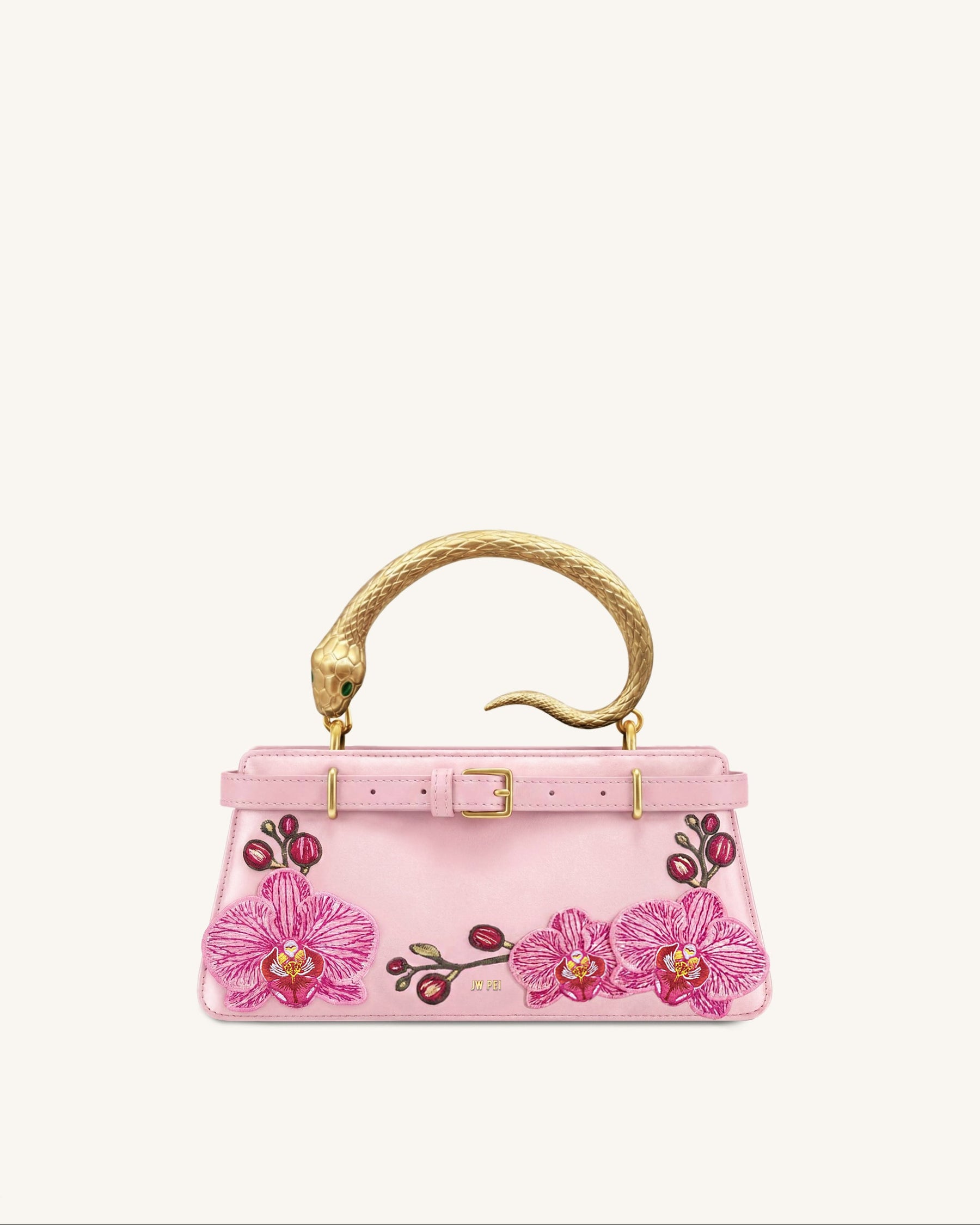 Elena Snake Handle Orchid Embroidered Top Handle Bag - Pink