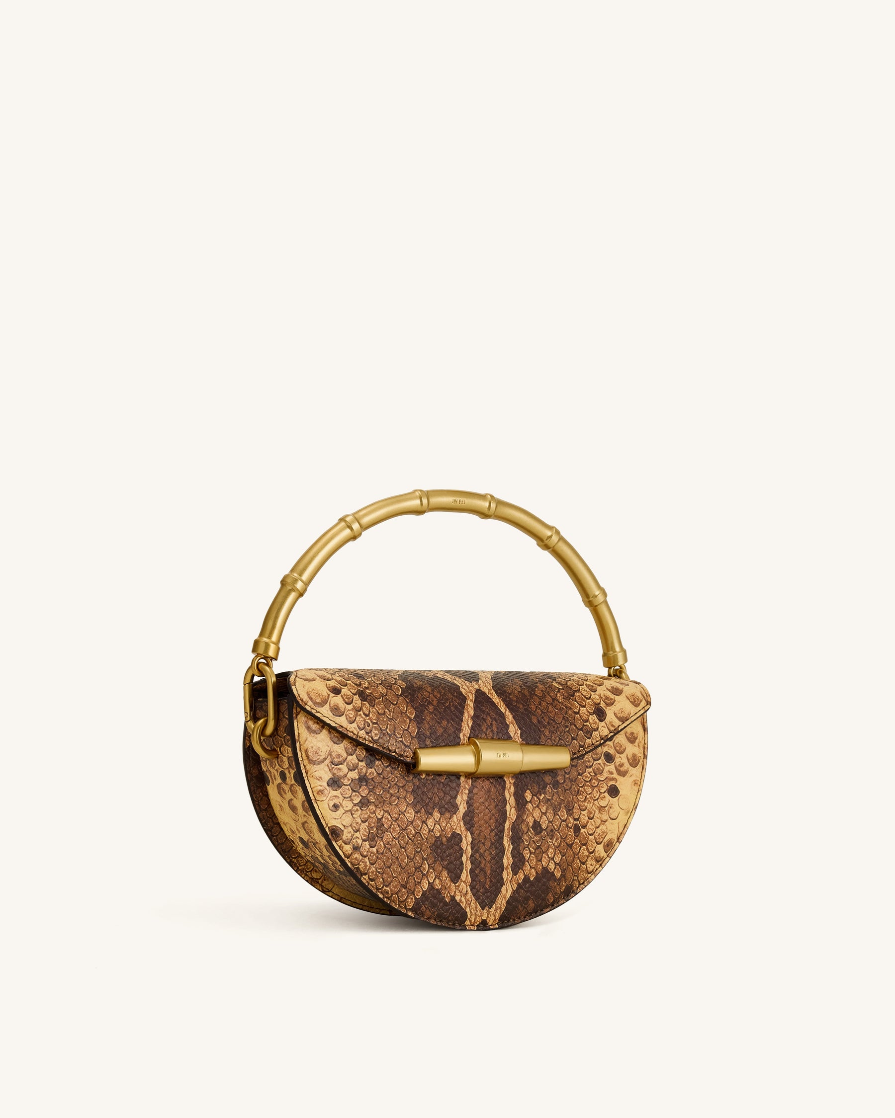 Sylvie Snake Print Half-Moon Top Handle Bag - Yellowish Brown