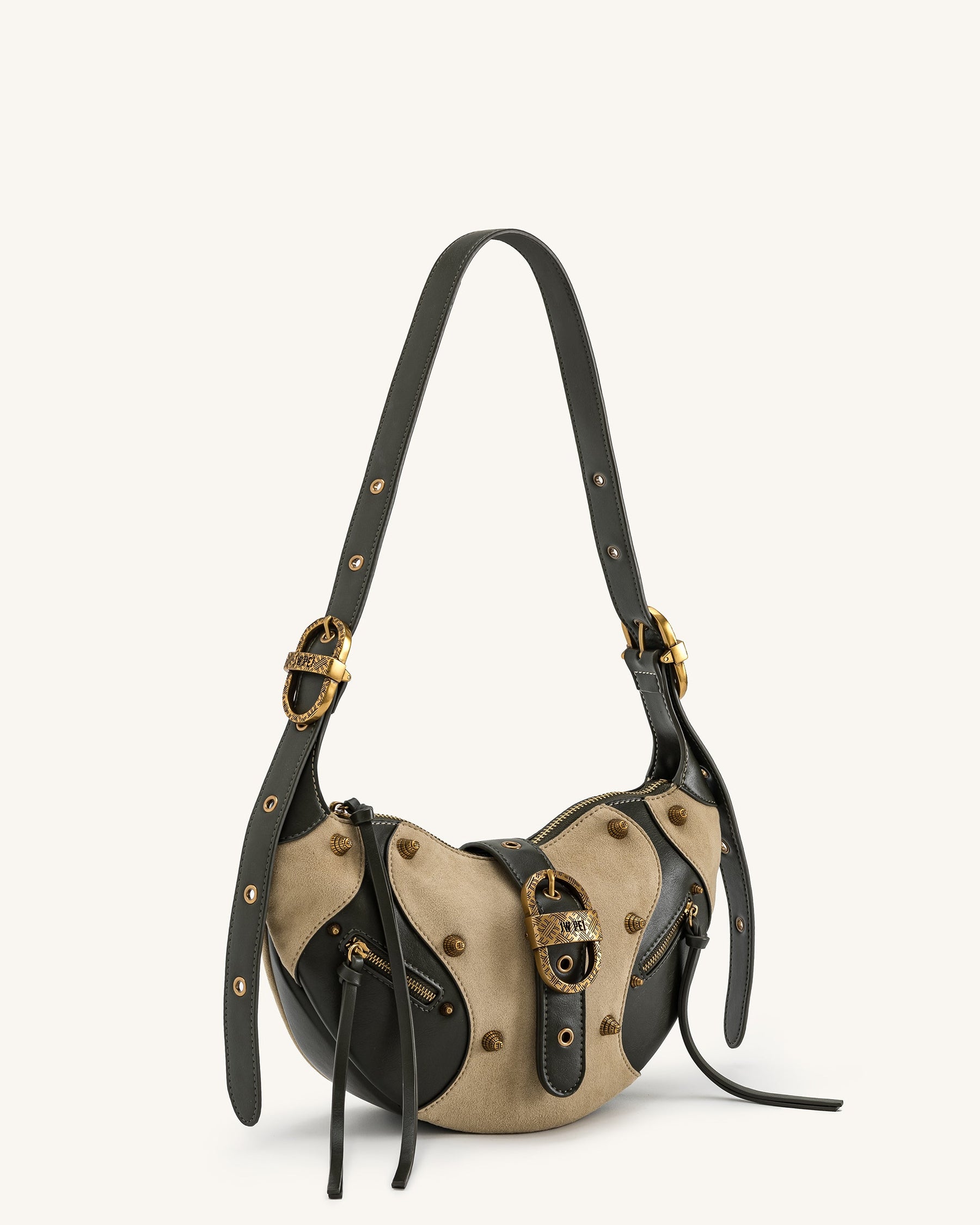 Tessa Faux Suede Studded Shoulder Bag - Khaki Green
