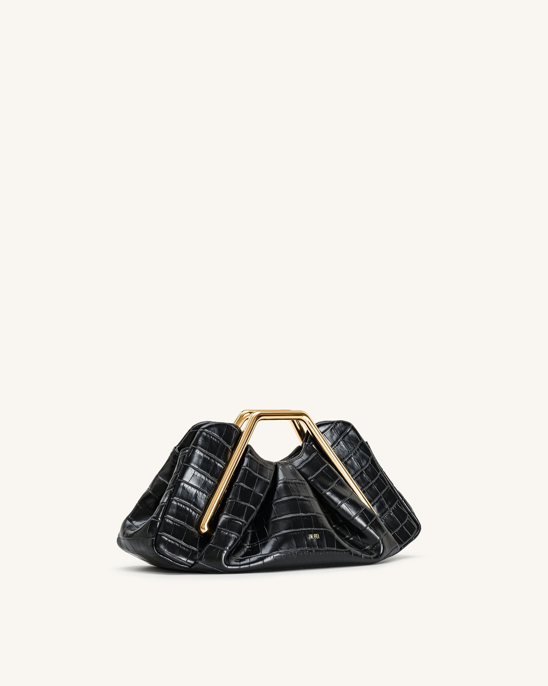 Lila Faux Croc-Effect Metal Frame Clutch - Black