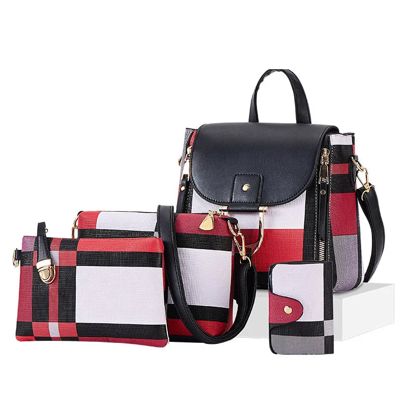 Premium Plaid 4-Piece Large Capacity Backpack & Crossbody Bag Set
