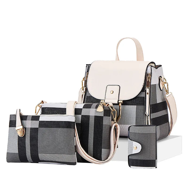 Premium Plaid 4-Piece Large Capacity Backpack & Crossbody Bag Set