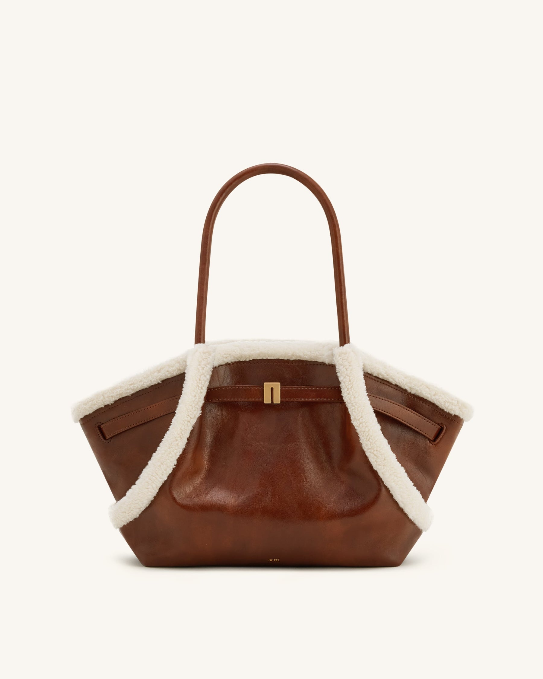 Hana Medium Faux Shearling Trim Tote Bag - Brown