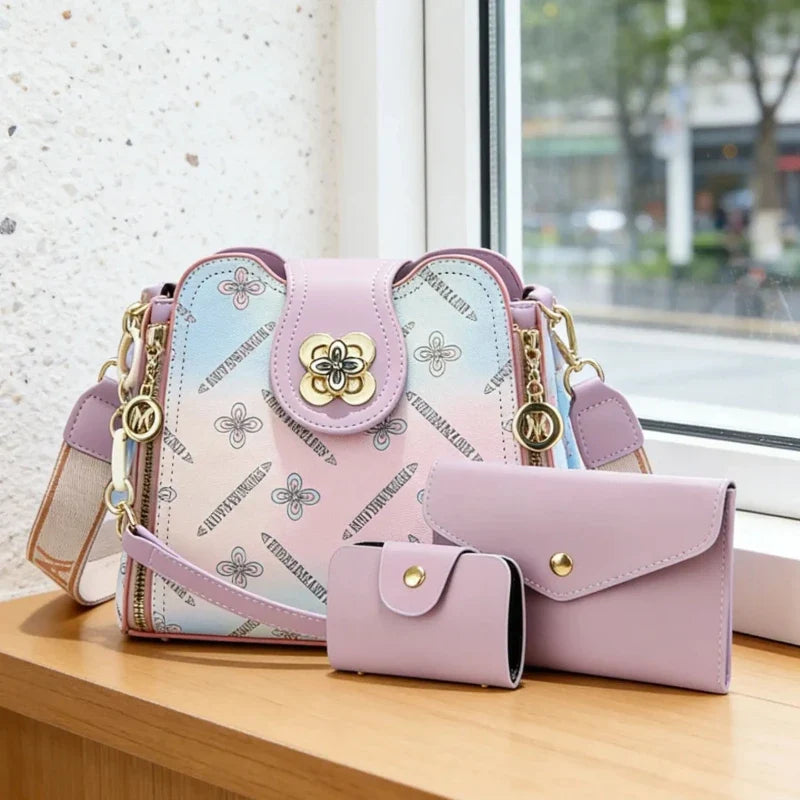 Premium Rainbow Print Bucket Crossbody Bag Set