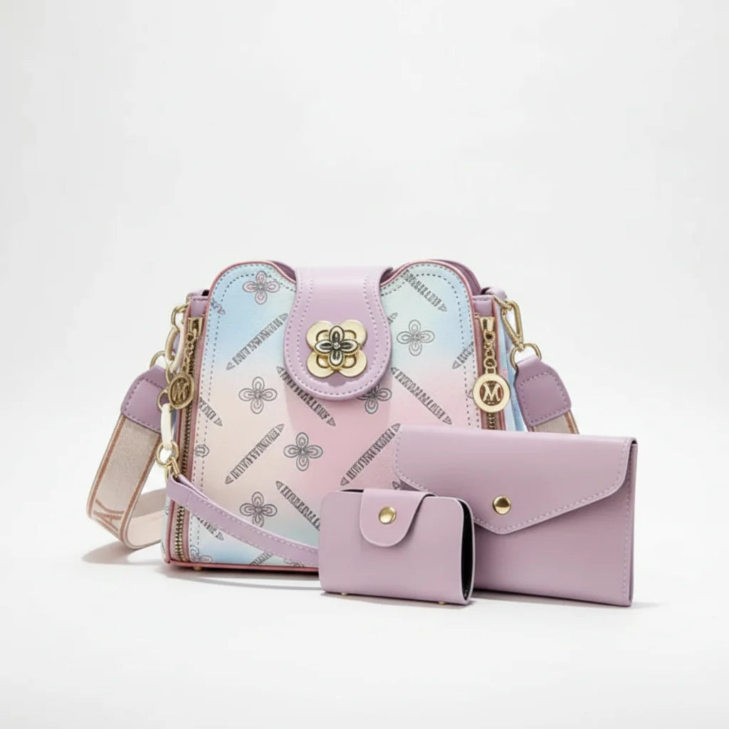 Premium Rainbow Print Bucket Crossbody Bag Set