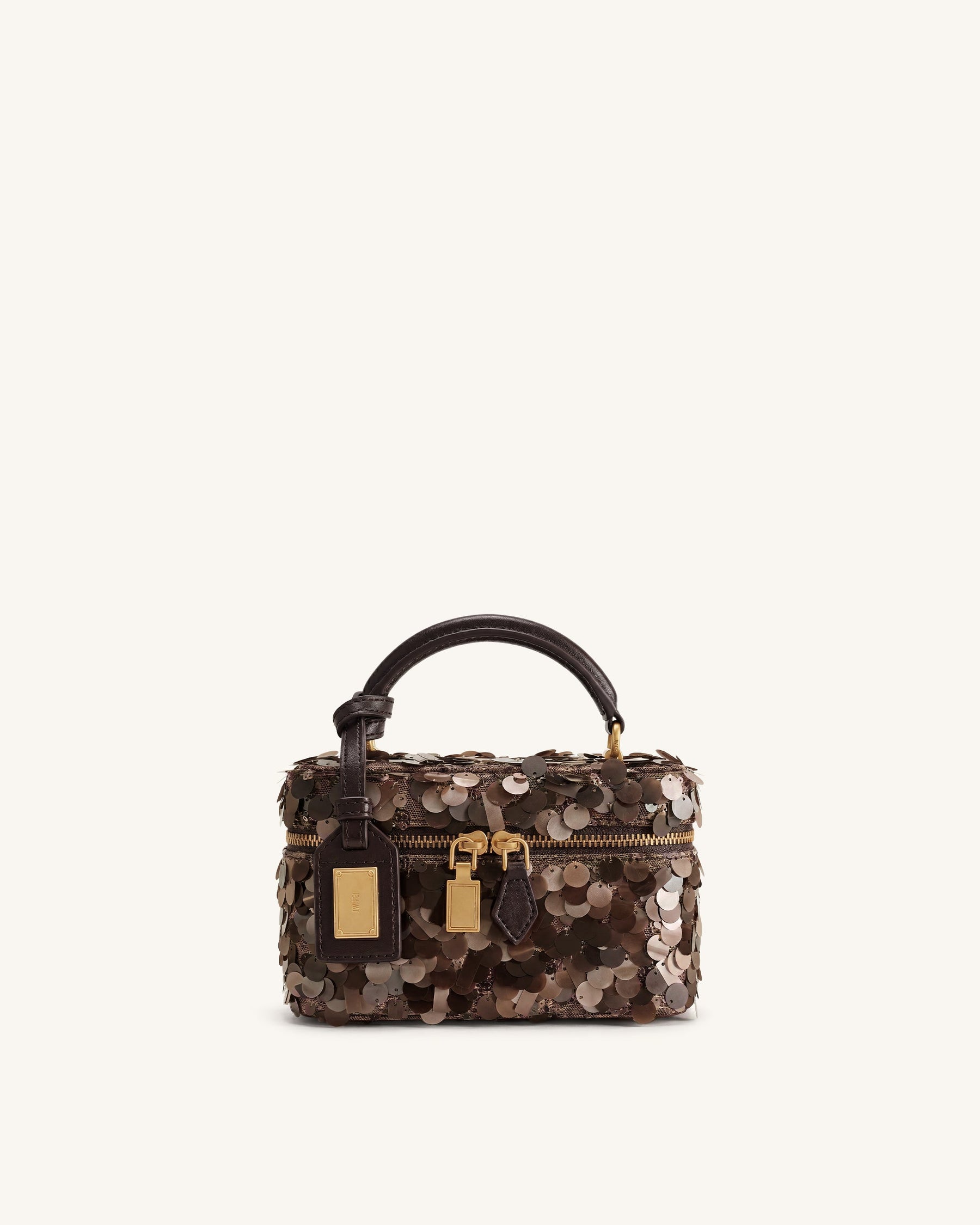 Cleo Metallic Sequin Box Shape Top Handle Bag - Brown
